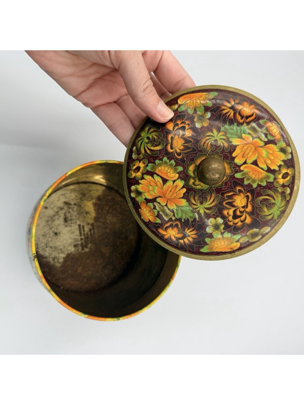 Vintage Daher Floral Tin Canister Lid Brass Knob Finial Made in England 6" - Picture 6 of 8